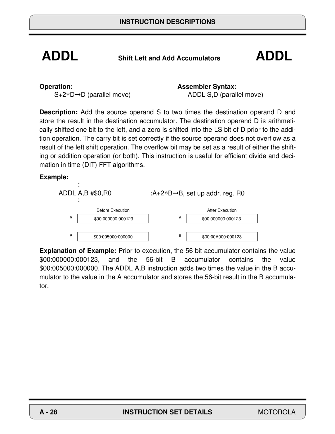 Motorola 24-Bit Digital Signal Processor, DSP56000 manual Shift Left and Add Accumulators 