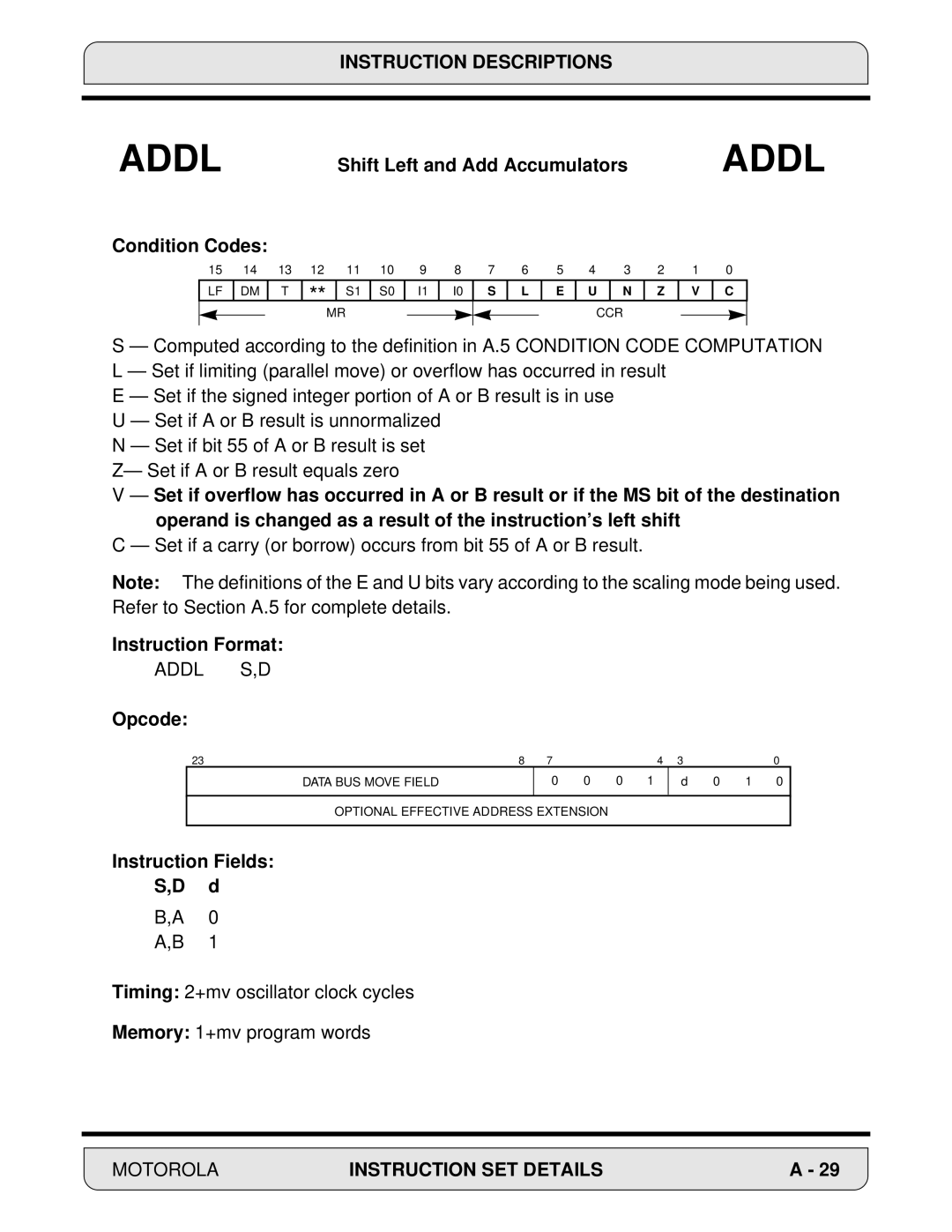 Motorola DSP56000, 24-Bit Digital Signal Processor manual Addl S,D, Instruction Fields 