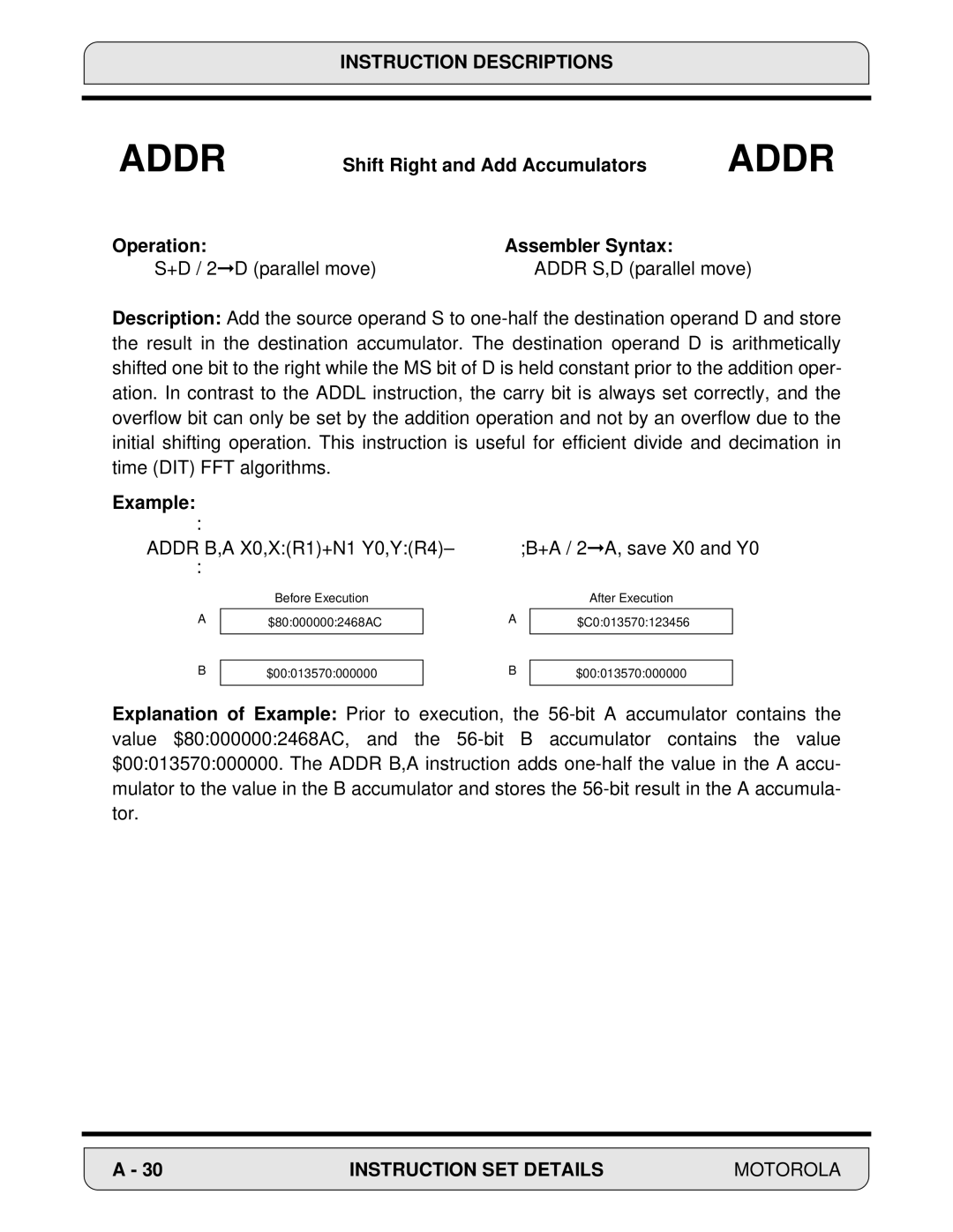 Motorola 24-Bit Digital Signal Processor, DSP56000 manual Shift Right and Add Accumulators 