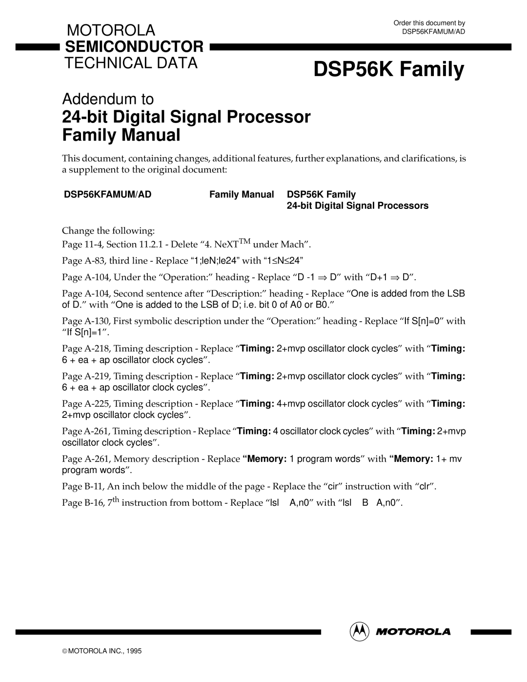 Motorola 24-Bit Digital Signal Processor, DSP56000 manual DSP56K Family 