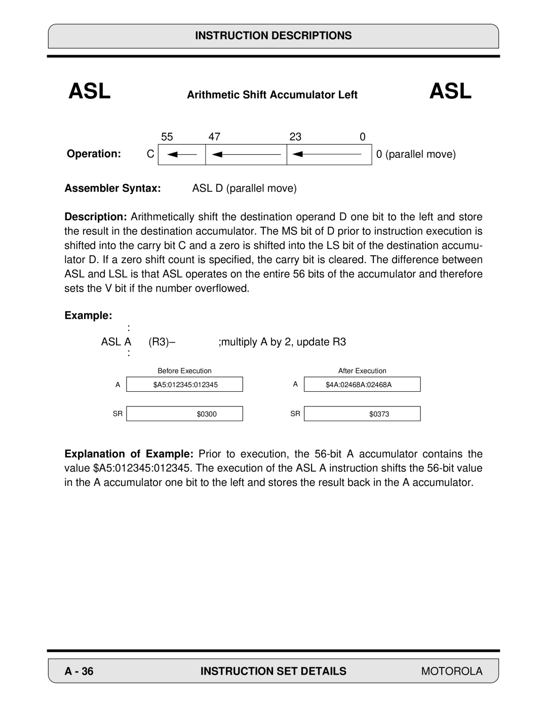 Motorola 24-Bit Digital Signal Processor, DSP56000 manual Arithmetic Shift Accumulator Left, Operation 