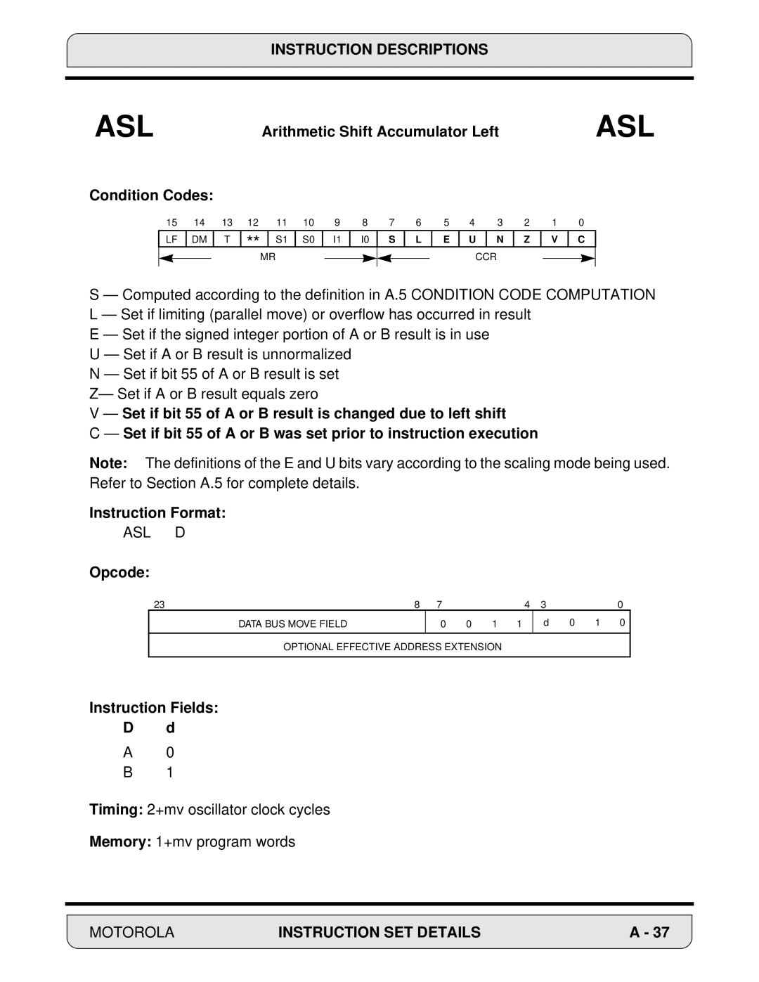 Motorola DSP56000, 24-Bit Digital Signal Processor manual Asl D 