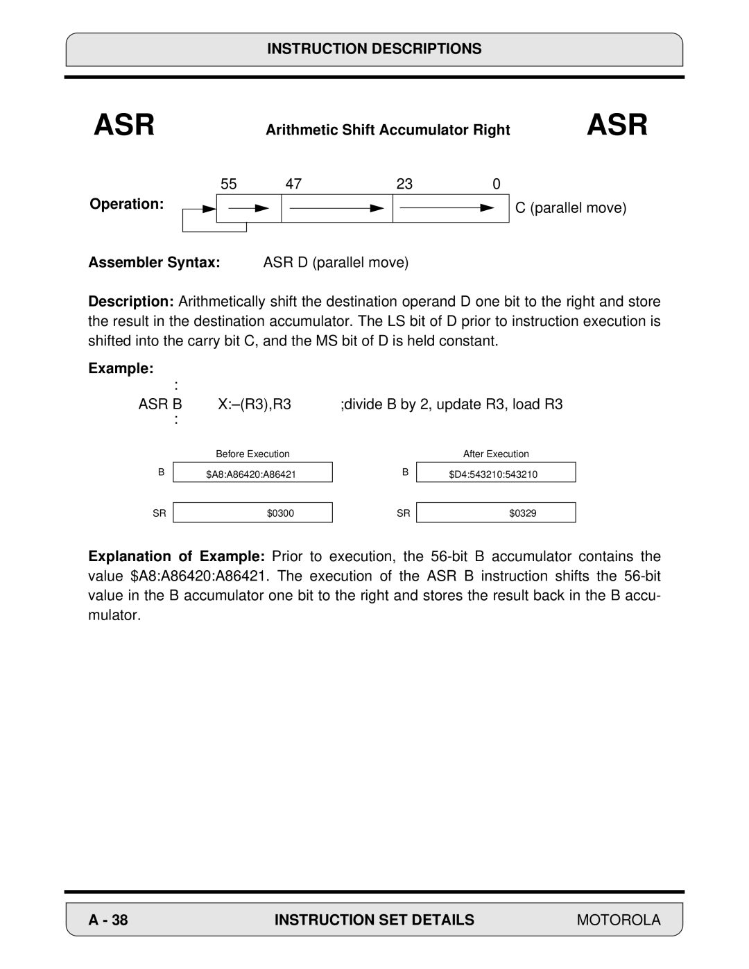 Motorola 24-Bit Digital Signal Processor, DSP56000 manual Arithmetic Shift Accumulator Right 