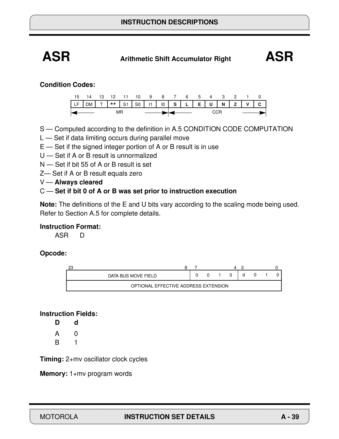 Motorola DSP56000, 24-Bit Digital Signal Processor manual Asr D 