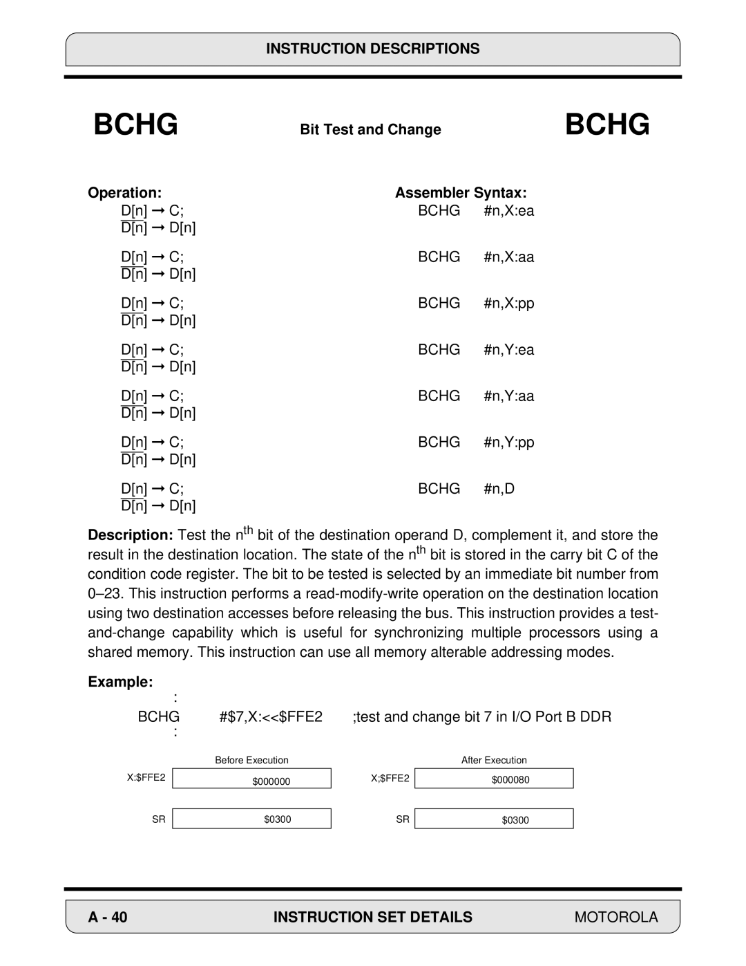 Motorola 24-Bit Digital Signal Processor, DSP56000 manual Bit Test and Change, Operation Assembler Syntax 