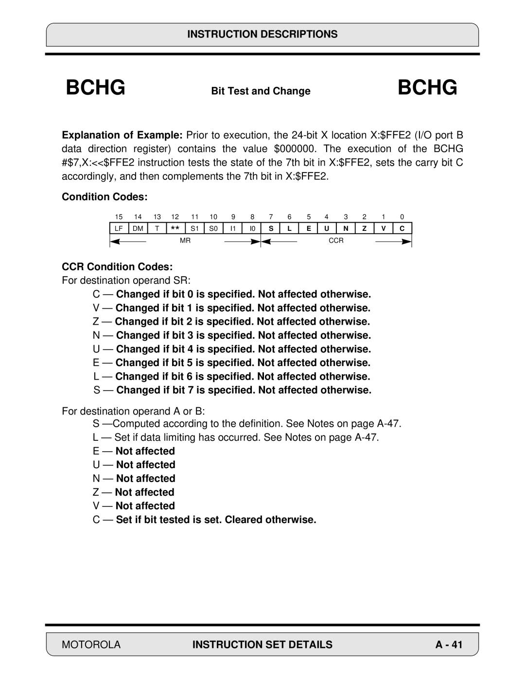 Motorola DSP56000 manual CCR Condition Codes, Not affected Set if bit tested is set. Cleared otherwise 