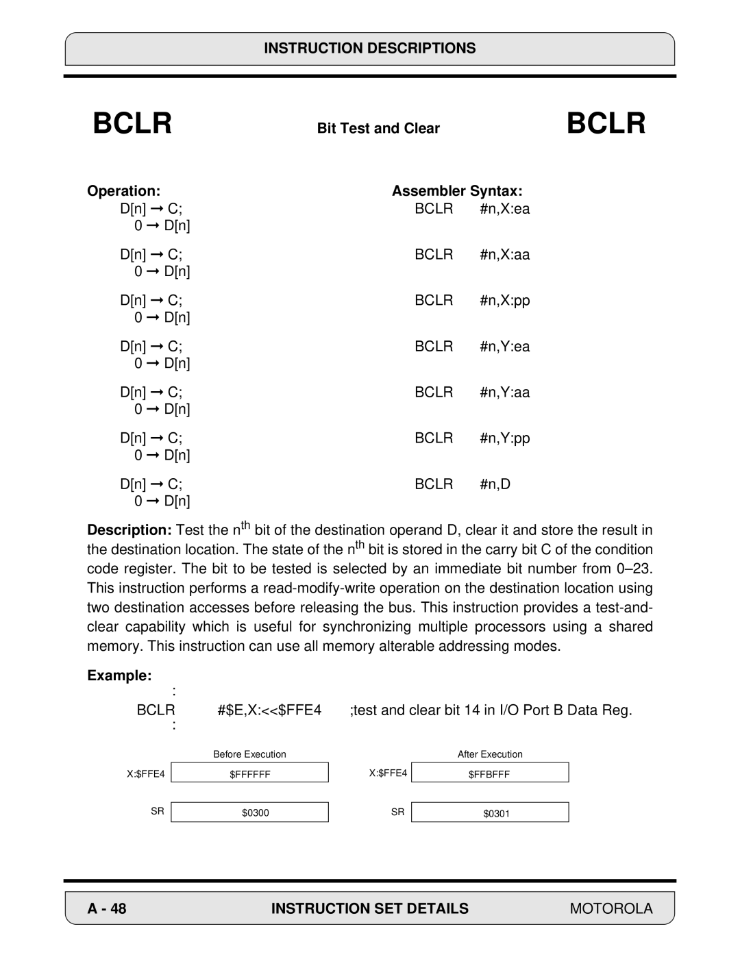 Motorola 24-Bit Digital Signal Processor, DSP56000 manual Bit Test and Clear, Operation Assembler Syntax 