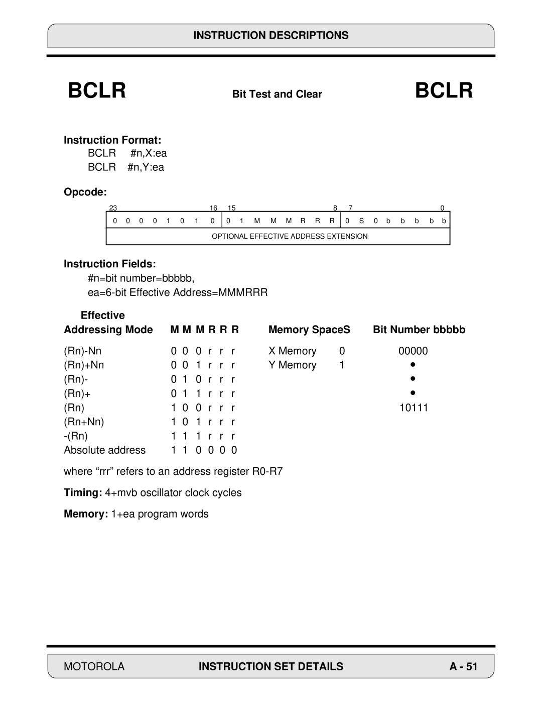 Motorola DSP56000, 24-Bit Digital Signal Processor manual Bclr #n,Xea Bclr #n,Yea 