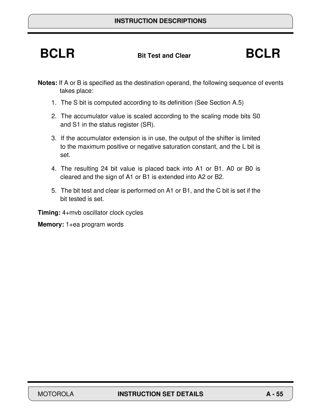 Motorola DSP56000, 24-Bit Digital Signal Processor manual Bclr 