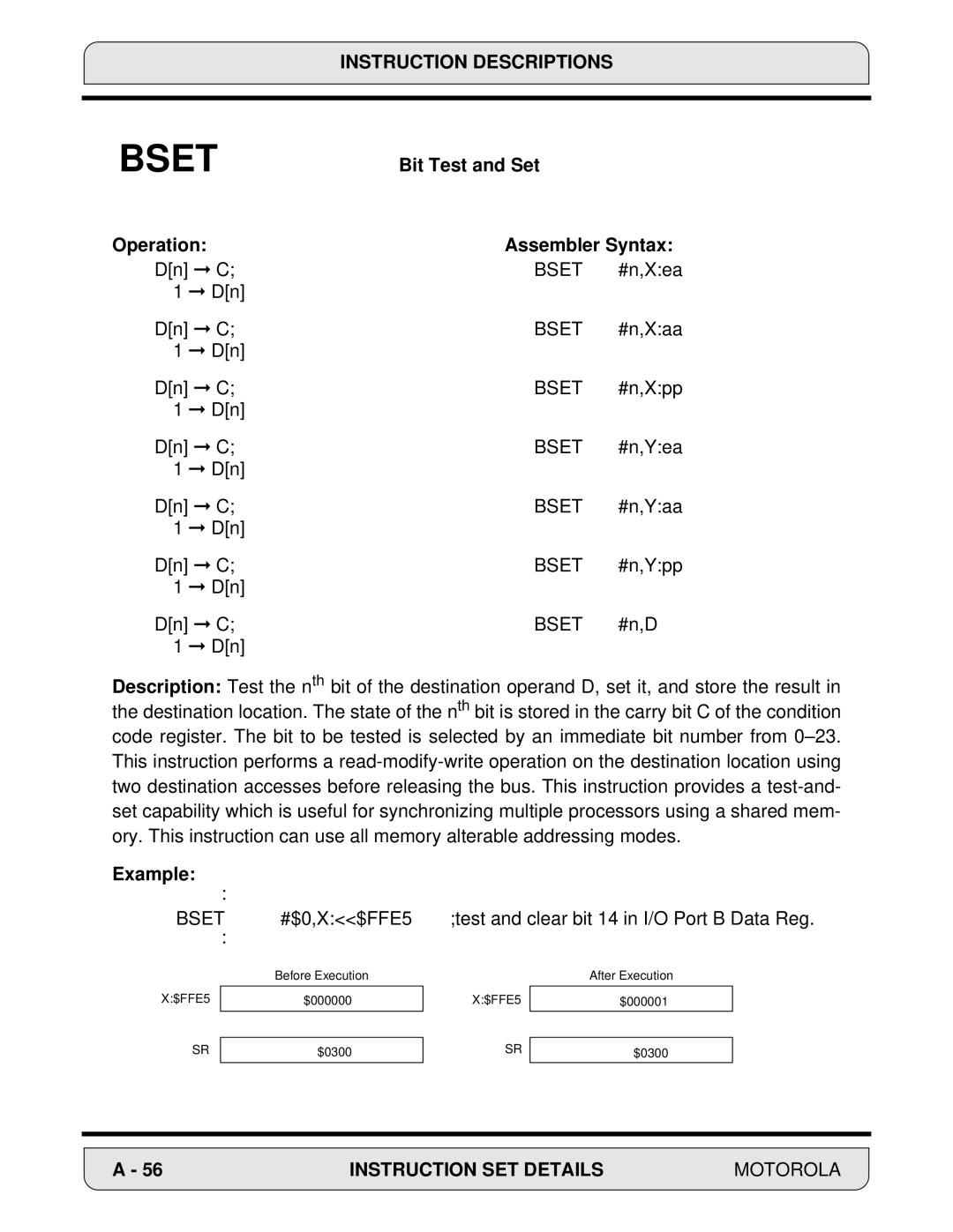 Motorola 24-Bit Digital Signal Processor, DSP56000 manual Bset, Bit Test and Set Operation Assembler Syntax 