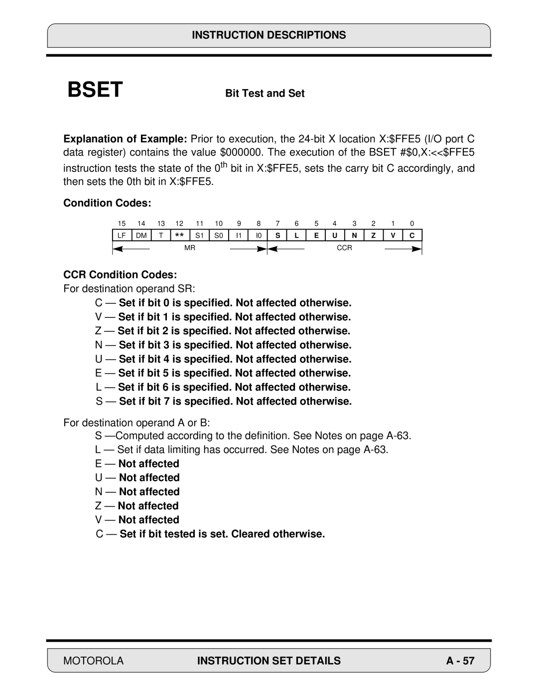 Motorola DSP56000, 24-Bit Digital Signal Processor manual Bit Test and Set, Condition Codes 