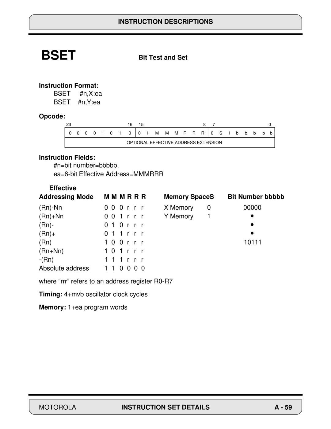 Motorola DSP56000, 24-Bit Digital Signal Processor manual Bset #n,Xea Bset #n,Yea 