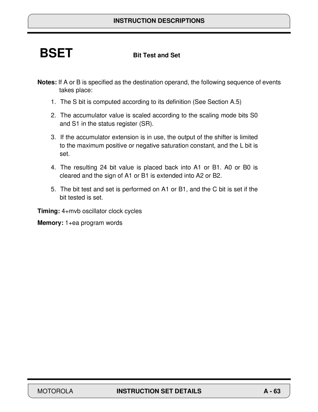 Motorola DSP56000, 24-Bit Digital Signal Processor manual Bset 