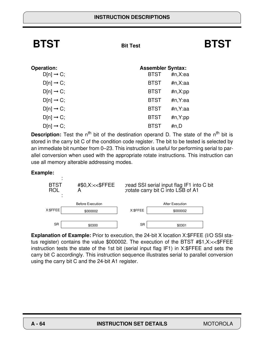 Motorola 24-Bit Digital Signal Processor, DSP56000 manual Bit Test, Operation Assembler Syntax 