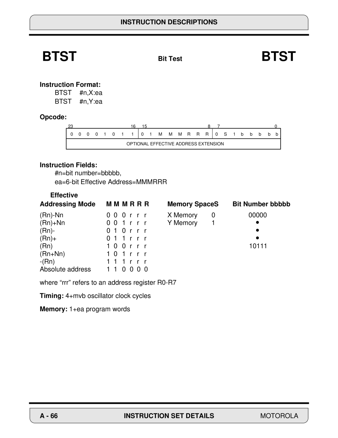 Motorola 24-Bit Digital Signal Processor, DSP56000 manual Btst #n,Xea Btst #n,Yea 