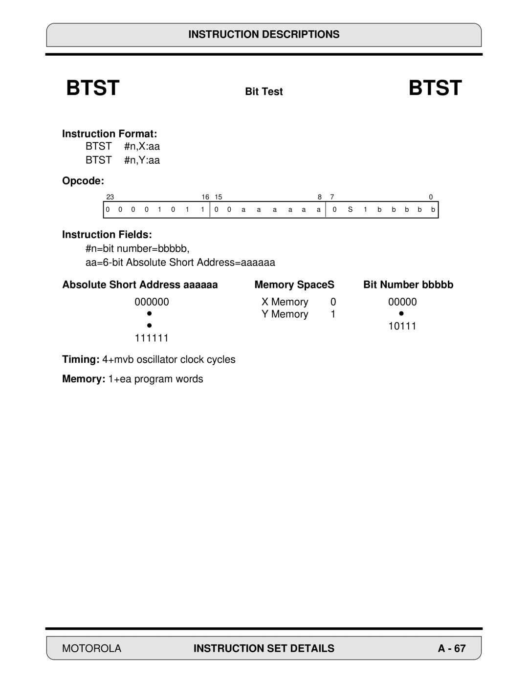 Motorola DSP56000, 24-Bit Digital Signal Processor manual Btst #n,Xaa Btst #n,Yaa 