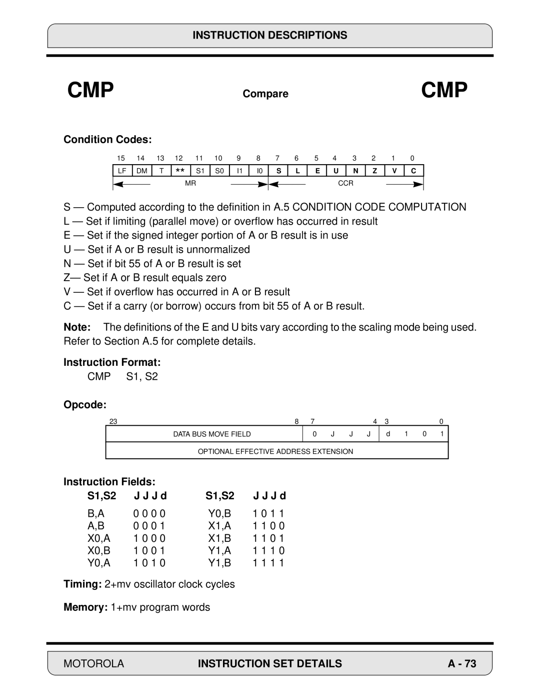 Motorola DSP56000, 24-Bit Digital Signal Processor manual Condition Codes, Instruction Fields S1,S2 J d 