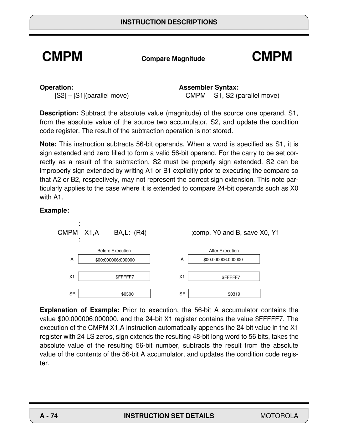 Motorola 24-Bit Digital Signal Processor, DSP56000 manual Compare Magnitude, Cmpm 