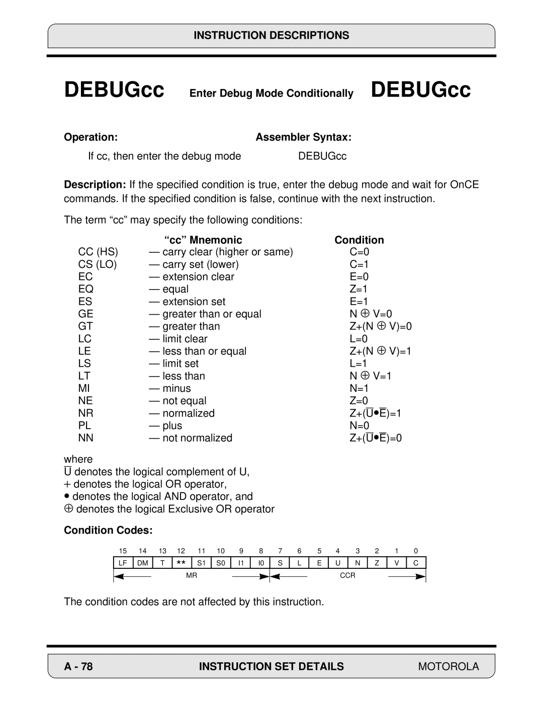 Motorola 24-Bit Digital Signal Processor, DSP56000 manual Cc Mnemonic Condition, Cc Hs, Cs Lo 