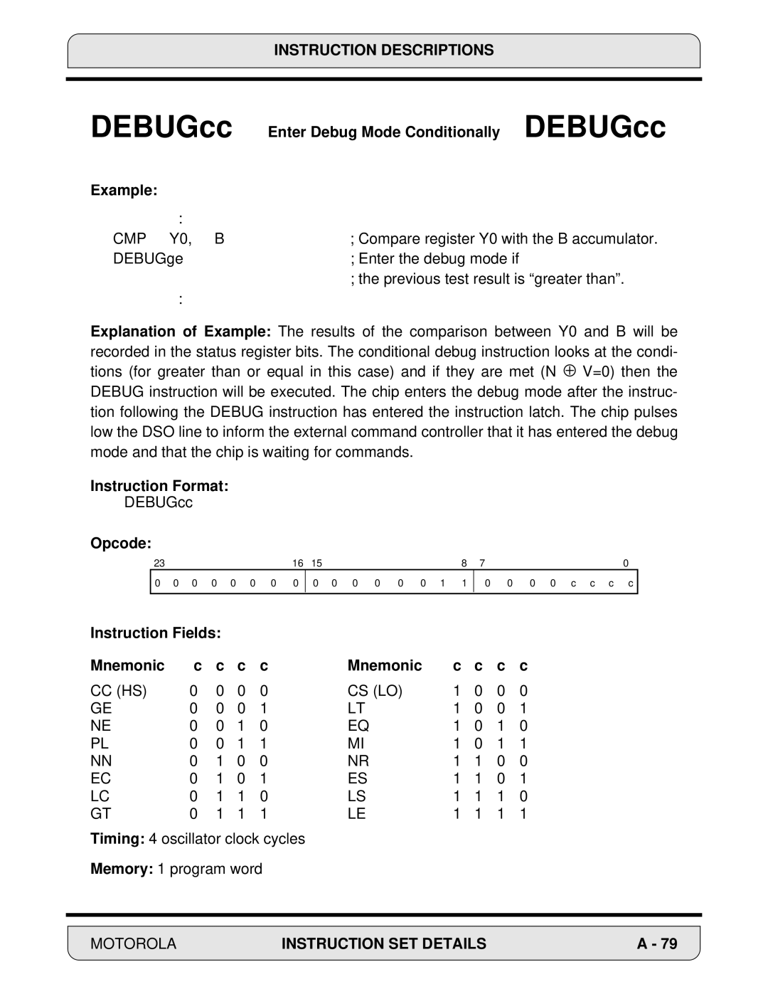 Motorola DSP56000 manual Enter Debug Mode Conditionally DEBUGcc, CMP Y0, B, Instruction Fields Mnemonic, Cc Hs Cs Lo 