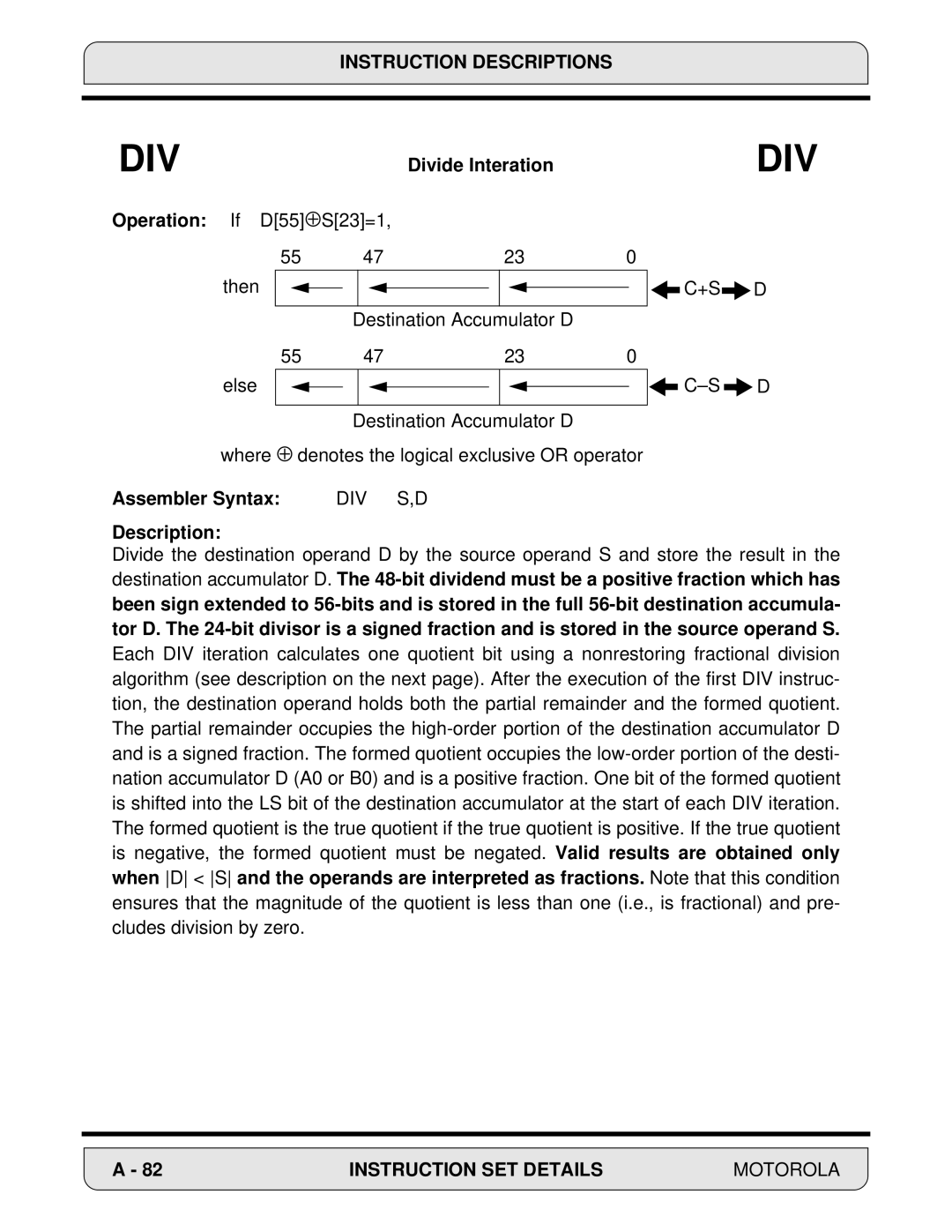 Motorola 24-Bit Digital Signal Processor, DSP56000 manual Divide Interation, Div S,D, Description 