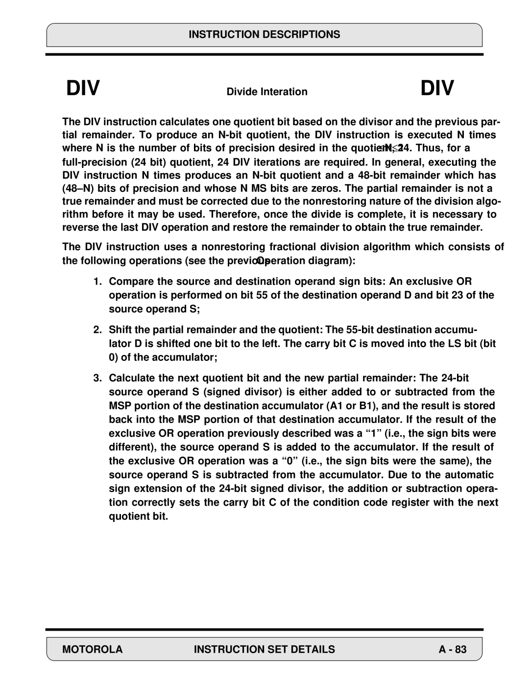 Motorola DSP56000, 24-Bit Digital Signal Processor manual Div 