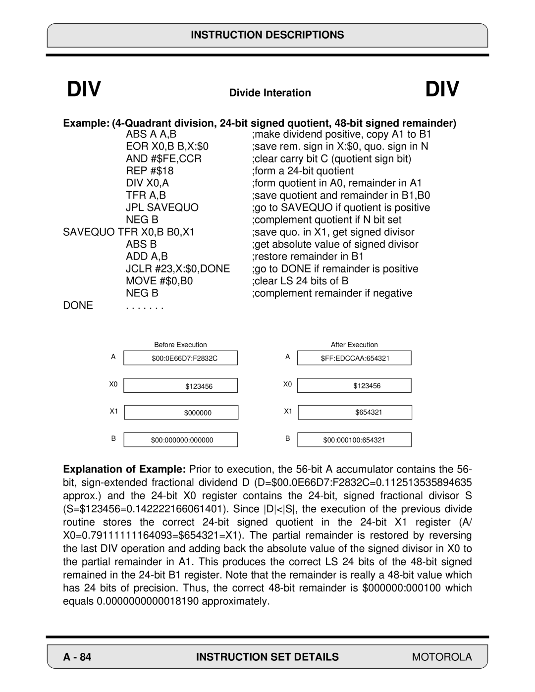 Motorola 24-Bit Digital Signal Processor ABS a A,B, #$Fe,Ccr, DIV X0,A, Tfr A,B, JPL Savequo, Neg B, Abs B, Add A,B, Done 