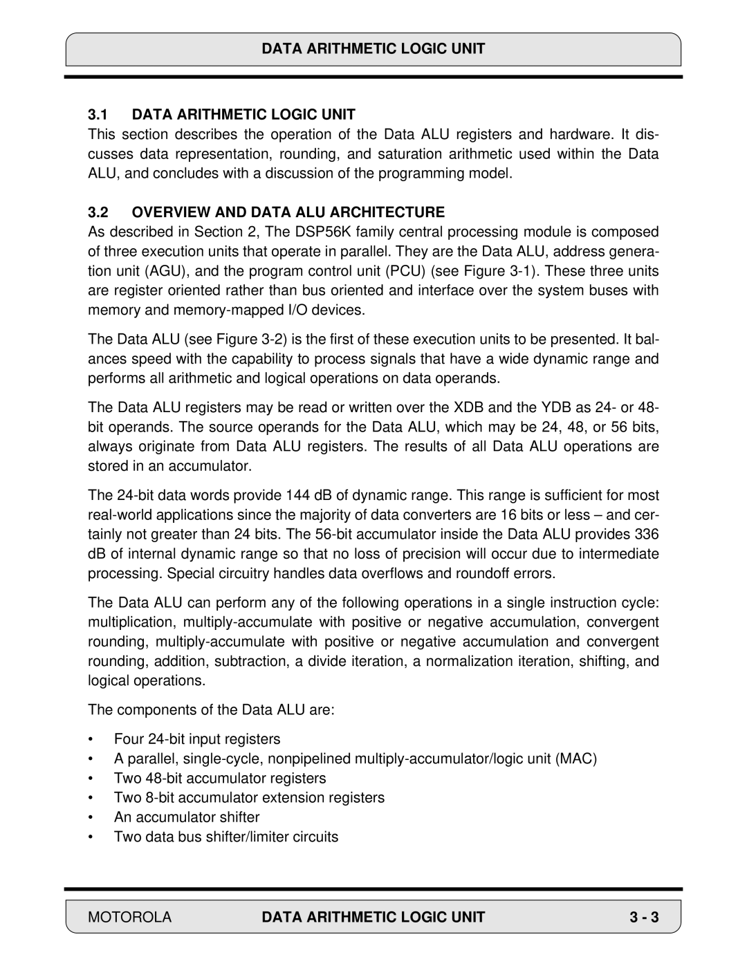 Motorola DSP56000, 24-Bit Digital Signal Processor manual Overview and Data ALU Architecture 