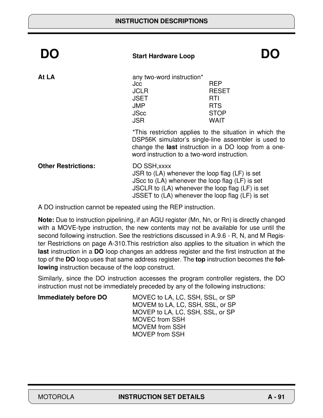 Motorola DSP56000 manual Start Hardware Loop At LA, Jclr Reset Jset RTI JMP RTS, JSR Wait, Other Restrictions 