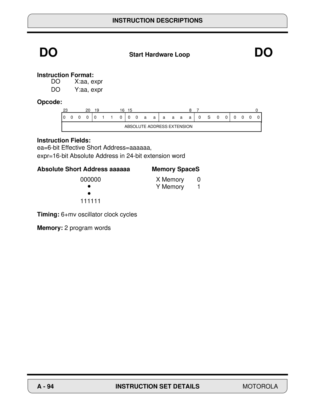 Motorola 24-Bit Digital Signal Processor, DSP56000 manual Absolute Short Address aaaaaa Memory SpaceS 