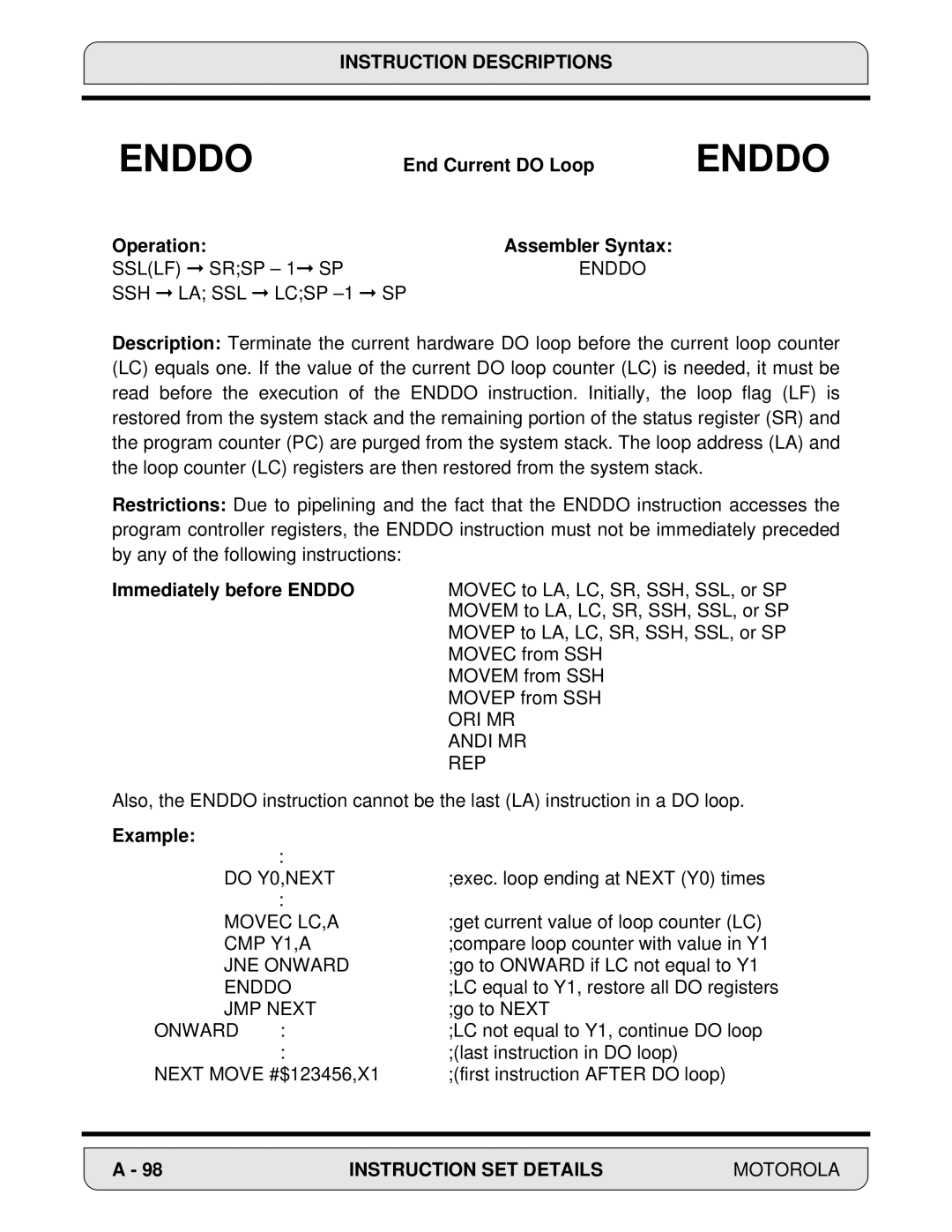 Motorola 24-Bit Digital Signal Processor, DSP56000 manual End Current do Loop, Immediately before Enddo 