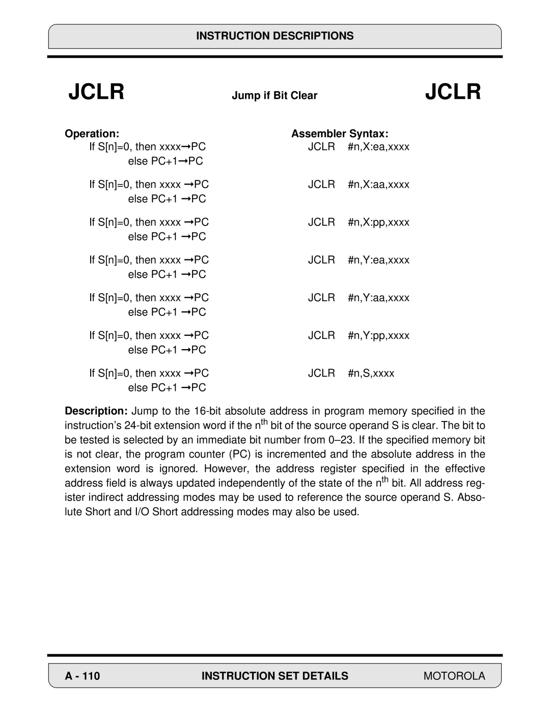 Motorola 24-Bit Digital Signal Processor, DSP56000 manual Jump if Bit Clear, Operation Assembler Syntax 