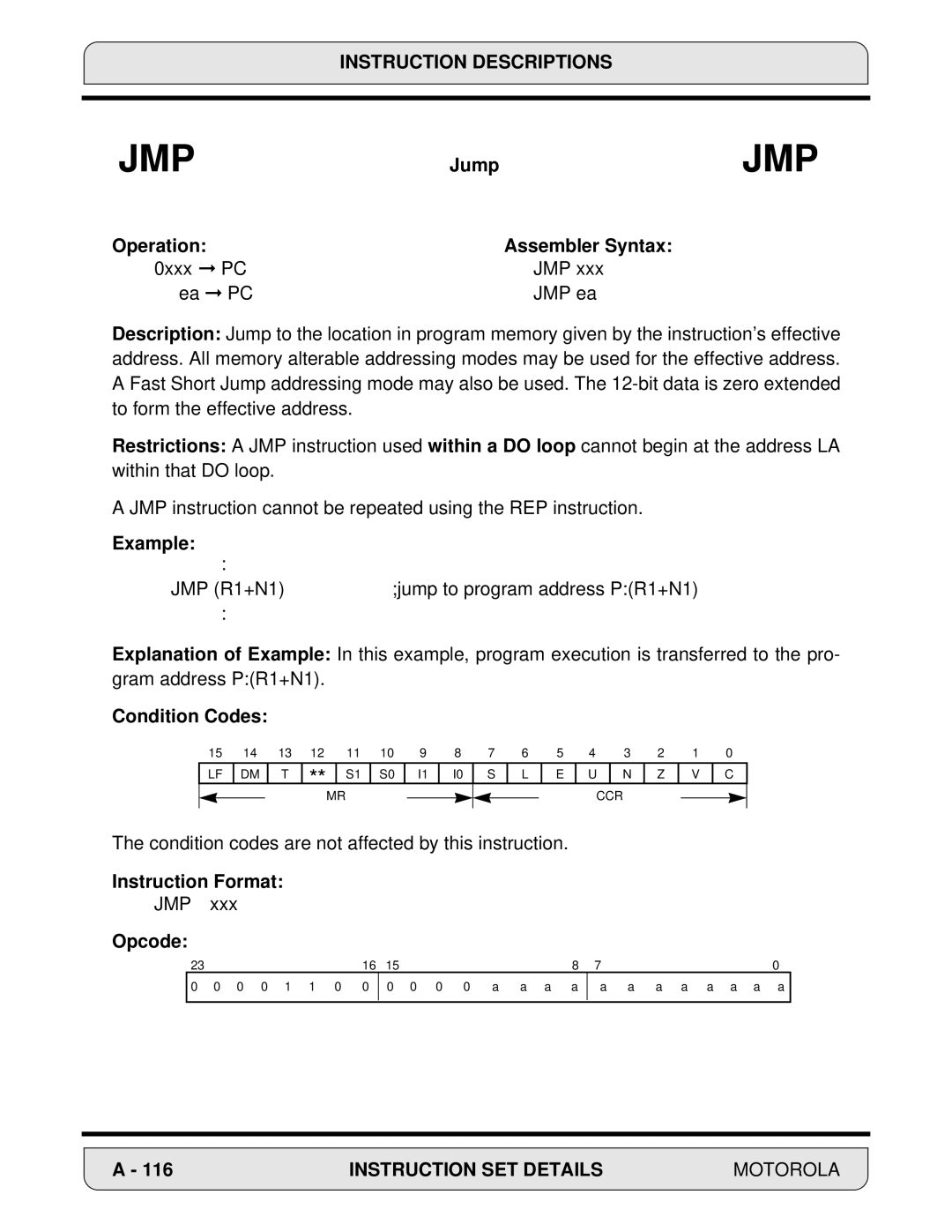 Motorola 24-Bit Digital Signal Processor, DSP56000 manual Jump, Operation Assembler Syntax 