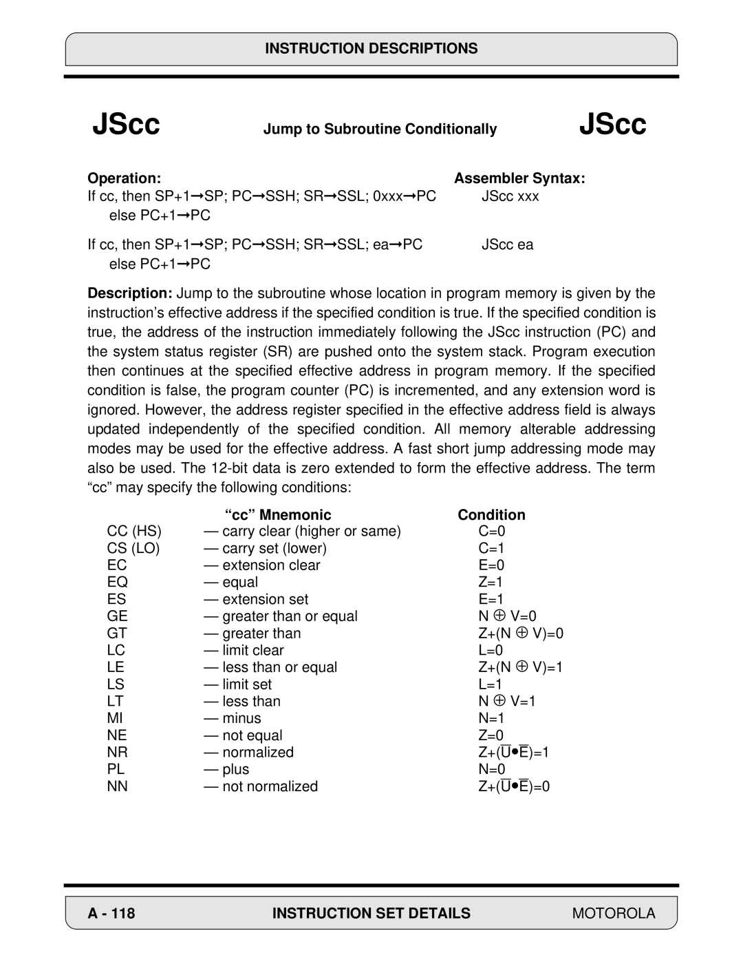 Motorola 24-Bit Digital Signal Processor, DSP56000 manual Jump to Subroutine Conditionally, Cc Mnemonic Condition 