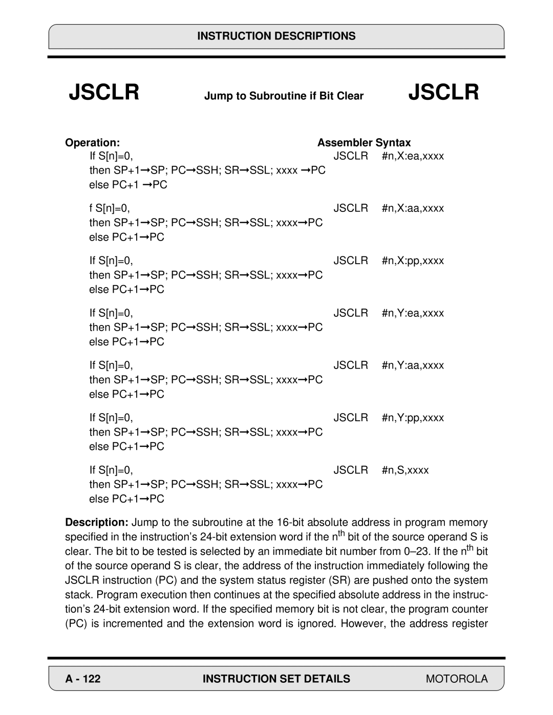 Motorola 24-Bit Digital Signal Processor, DSP56000 manual Jsclr 