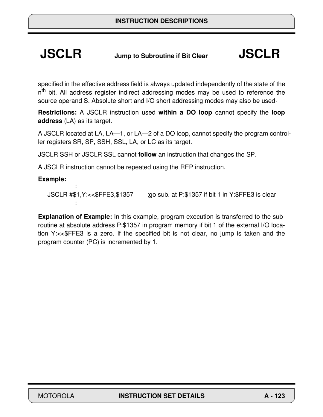 Motorola DSP56000, 24-Bit Digital Signal Processor manual Jump to Subroutine if Bit Clear, Example 