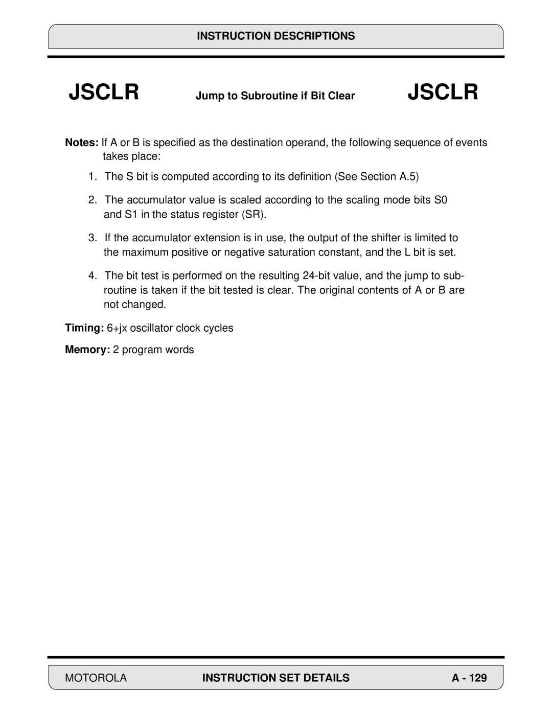 Motorola DSP56000, 24-Bit Digital Signal Processor manual Jsclr 