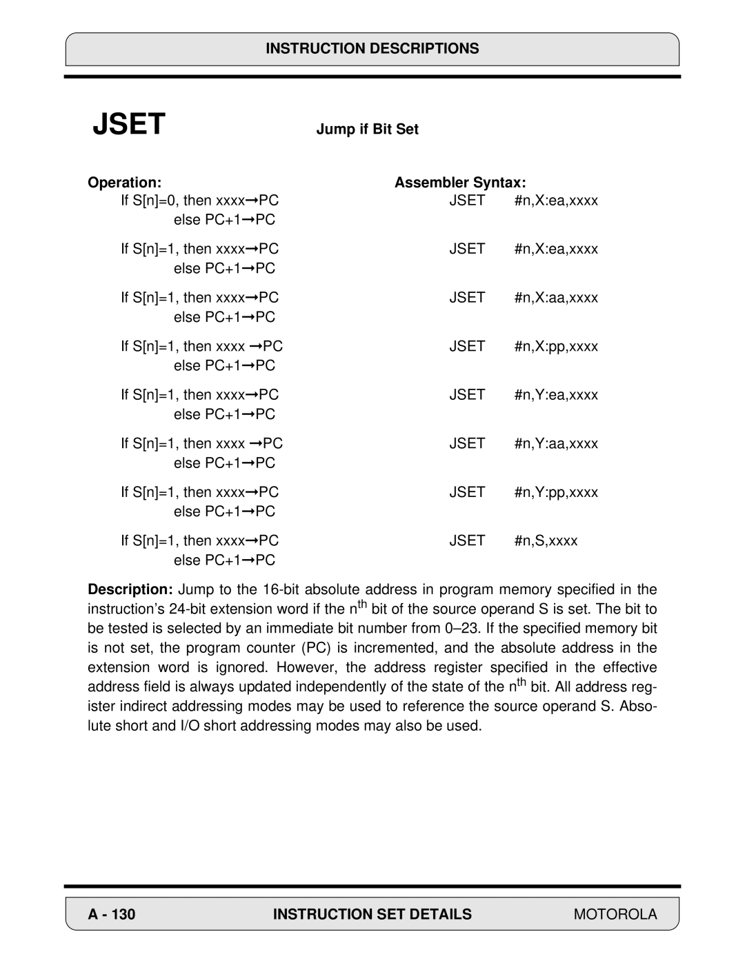 Motorola 24-Bit Digital Signal Processor, DSP56000 manual Jset, Jump if Bit Set Operation Assembler Syntax 