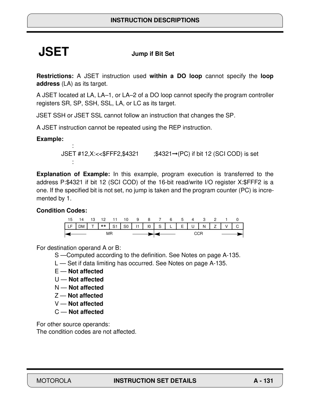 Motorola DSP56000, 24-Bit Digital Signal Processor manual Jump if Bit Set, Example 