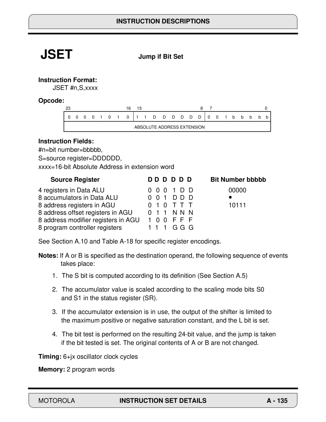 Motorola DSP56000, 24-Bit Digital Signal Processor manual Jset #n,S,xxxx 