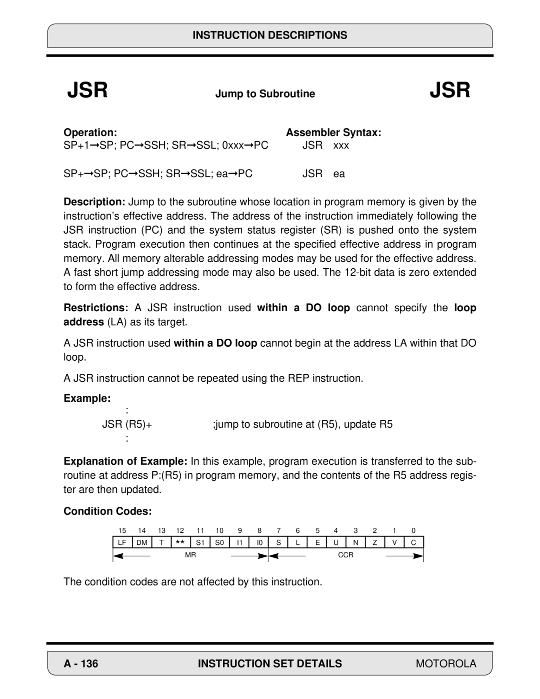 Motorola 24-Bit Digital Signal Processor, DSP56000 manual Jump to Subroutine, Operation Assembler Syntax 