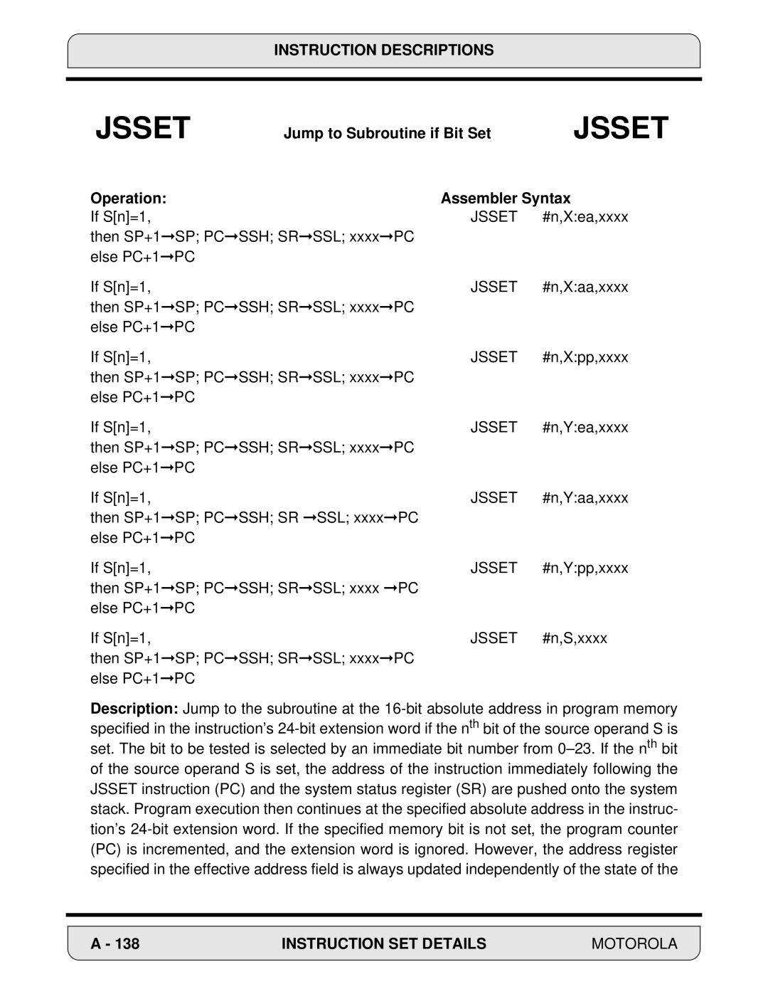 Motorola 24-Bit Digital Signal Processor, DSP56000 manual Jump to Subroutine if Bit Set, Jsset 