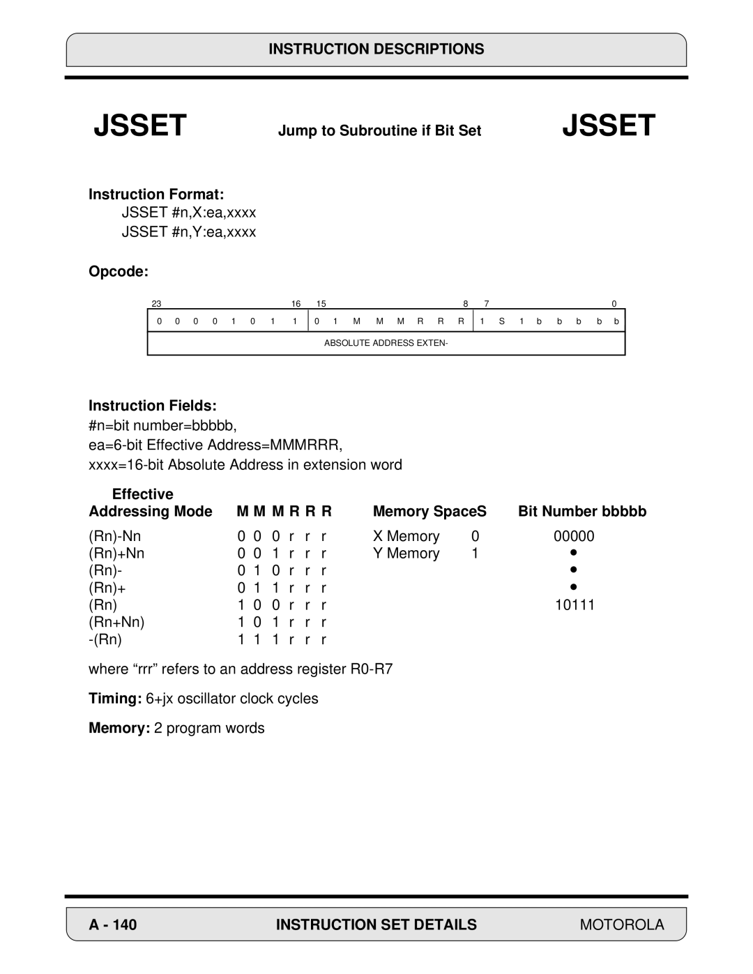 Motorola 24-Bit Digital Signal Processor, DSP56000 manual Jsset #n,Xea,xxxx Jsset #n,Yea,xxxx 