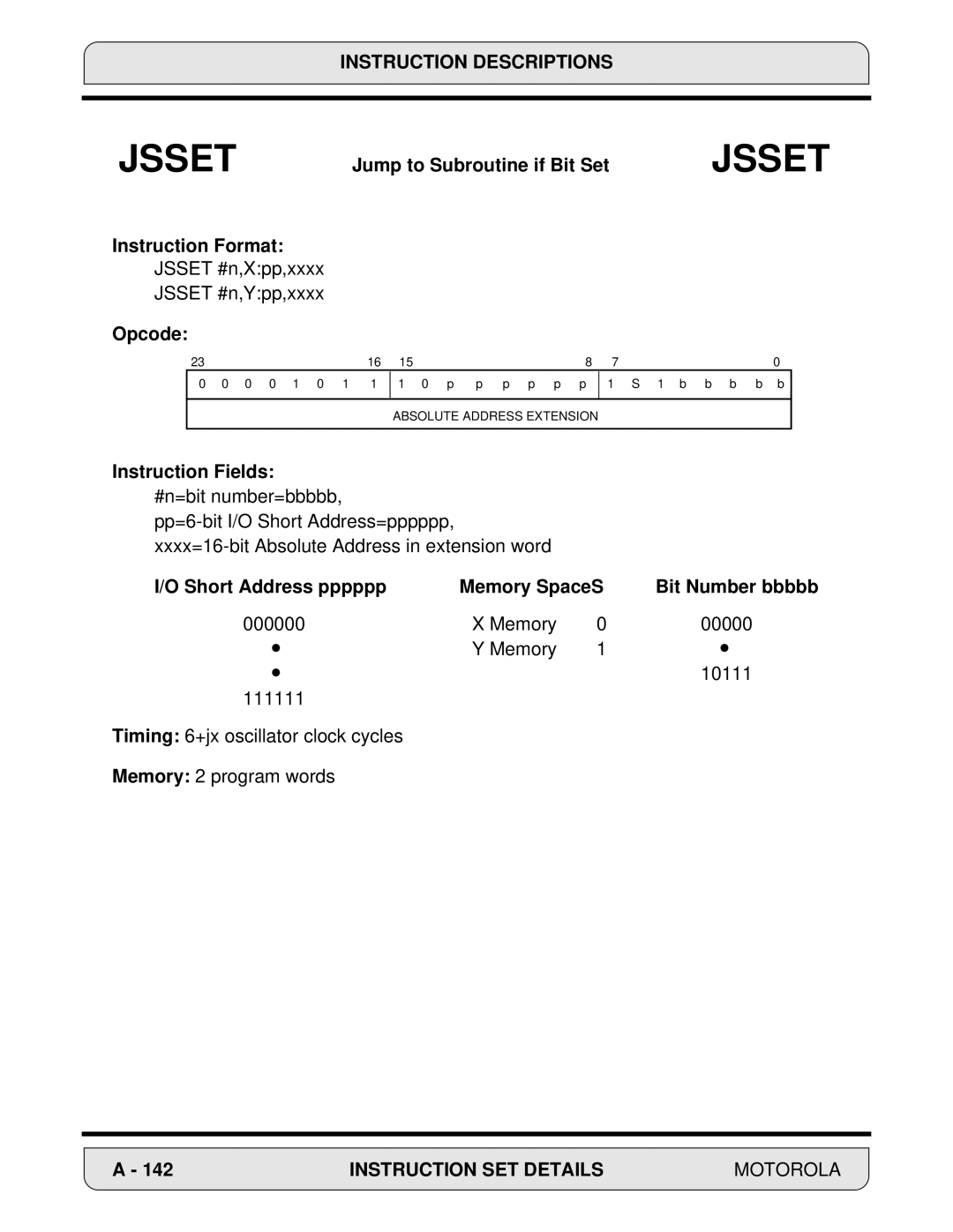 Motorola 24-Bit Digital Signal Processor, DSP56000 manual Jsset #n,Xpp,xxxx Jsset #n,Ypp,xxxx 