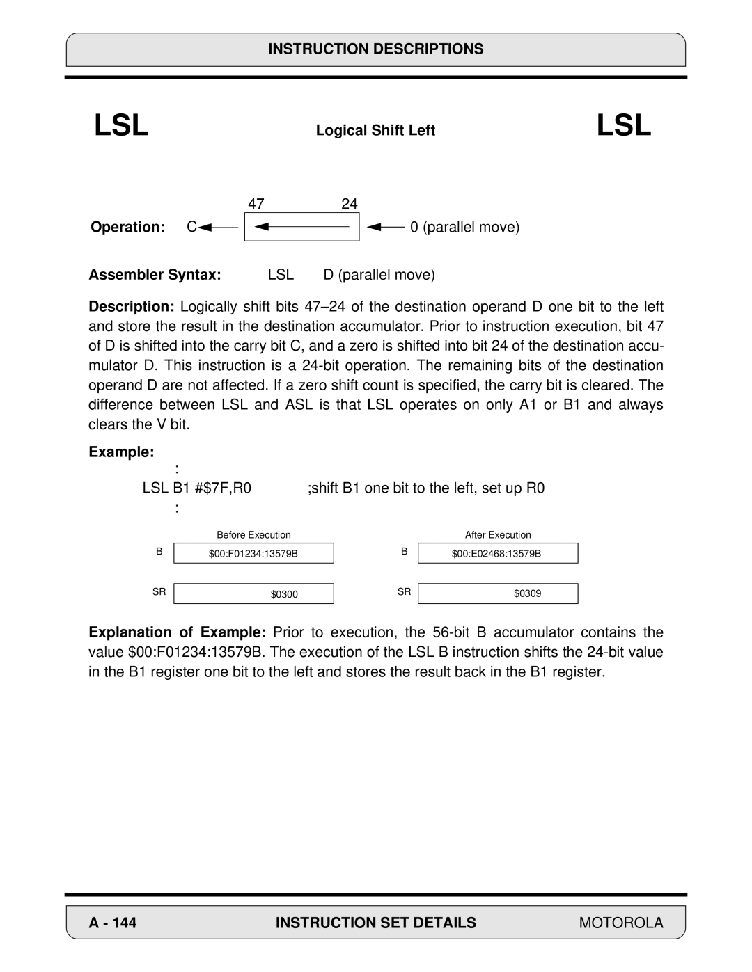 Motorola 24-Bit Digital Signal Processor, DSP56000 manual Logical Shift Left, Assembler Syntax 