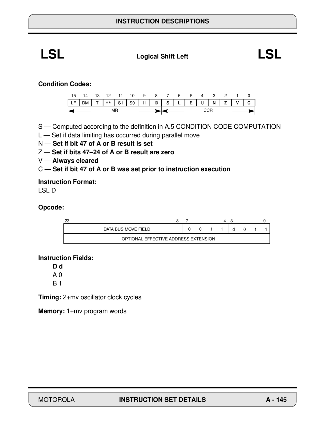 Motorola DSP56000, 24-Bit Digital Signal Processor manual Condition Codes, Lsl D 