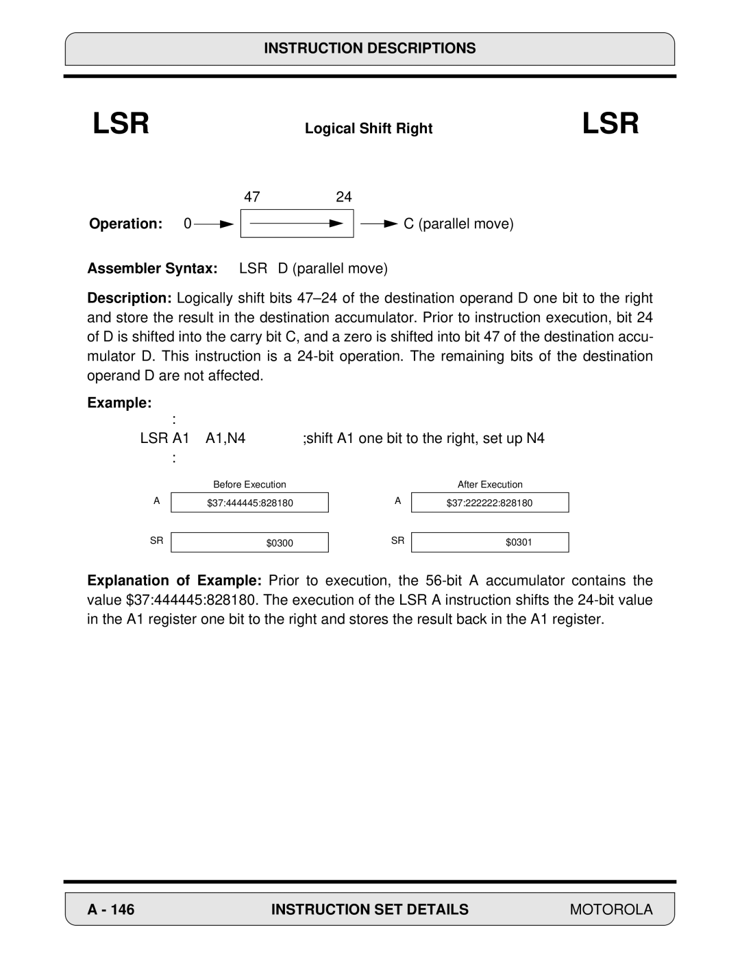 Motorola 24-Bit Digital Signal Processor, DSP56000 manual Logical Shift Right, Operation 