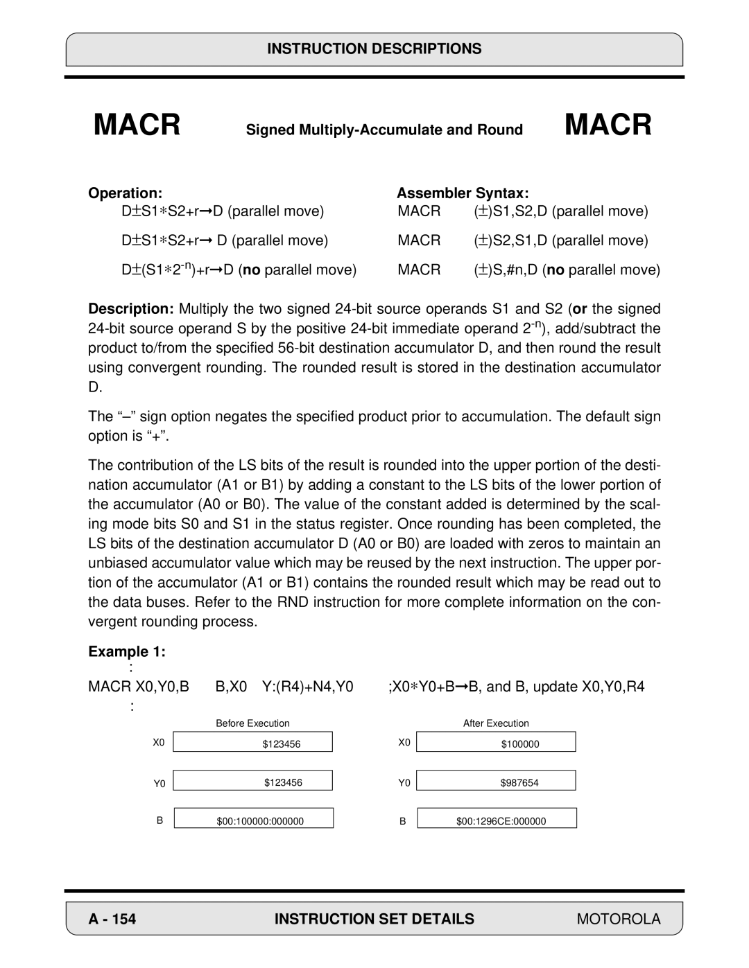 Motorola 24-Bit Digital Signal Processor, DSP56000 manual Signed Multiply-Accumulate and Round, Operation Assembler Syntax 