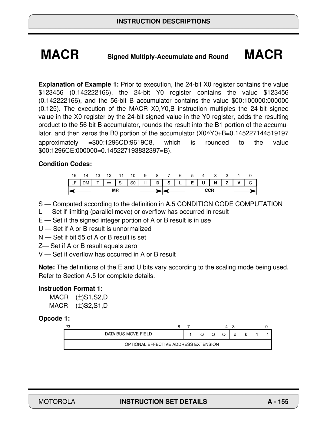 Motorola DSP56000, 24-Bit Digital Signal Processor manual Signed Multiply-Accumulate and Round Macr, Condition Codes 