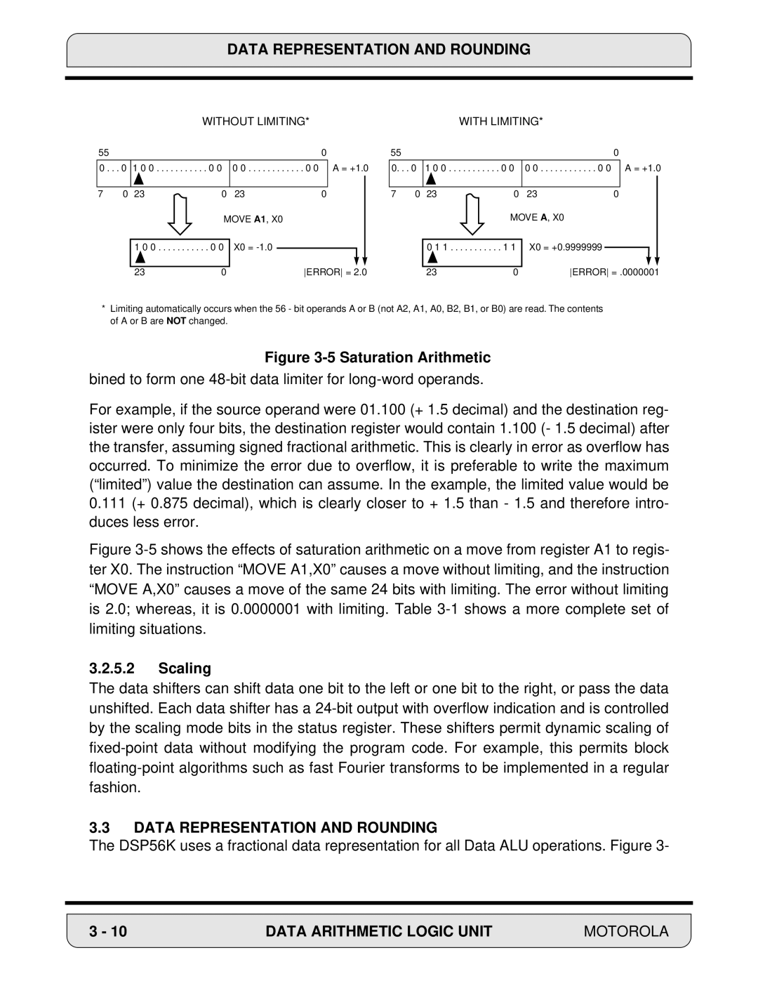 Motorola 24-Bit Digital Signal Processor, DSP56000 manual Data Representation and Rounding, Scaling 